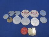 13 Vintage Tokens & ID Tags-- Plastic, Brass & Silver Color –As in Photos