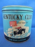 Vintage Kentucky Club Fine Cut Pipe Tobacco Tin 5 1/4” T x 5 1/2” DIA Steeple Chase & Clouds Design