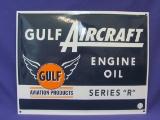 Porcelain Enamel Sign “Gulf Aircraft Engine Oil Series R” - 16 1/4” x 13” - Slightly Convex