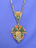 Fantastic Copper & Enamel Necklace – Mayan/Aztec Warrior – Made in Mexico – Marked w Crown