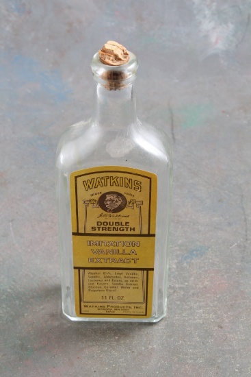 Vintage Watkins 11 Oz Size Vanilla Extract Bottle with Paper Label & Cork Top