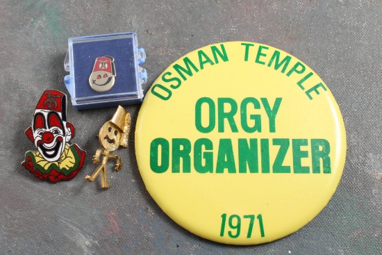 3 Vintage Osman Shriner Temple Pins 3. 5" Orgy Organizer Pinback + 2 Lapels