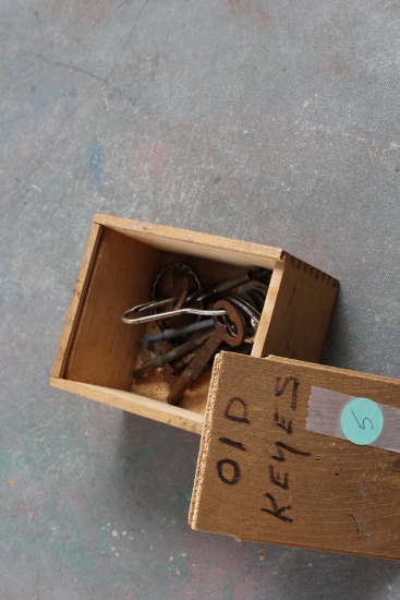 Old Wood Dovetail Box with Ring of Estate Keys Barrel, Skeleton & Others