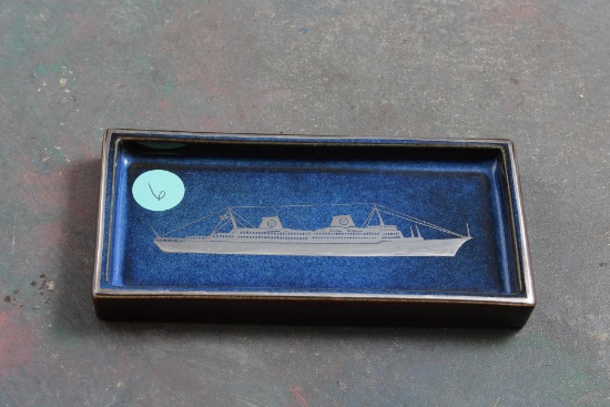 Rare Gustavsburg Lagun Swedish American Ship Navy Silver Overlay Tray  6" x 3"