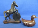 Carved Wooden Horse Figure 7” T  & Carved Wooden Duck 3” T