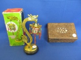 Vintage Art Mark 7” Tall Dragon Lamp (2 AA Batteries) & Carved Wood & Bone Box  (India)