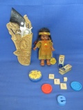 Mixed Lot: Cap Gun  & Holster, Indian Doll, Wooden Sailors. Lion Erasers, Scrabble tiles etc.