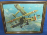 Vintage Paint by Numbers Acrylic of WWI Aerial Dogfight – Bi-Planes  -10” x 8” Framed under Glass