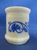 Glass Toothpick Holder? Milk Glass w/ Blue Floral design with pea pods.-- appx 3” Tall x 2 1/2” DIA