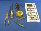 Asst. Old Tools etc. –2 Wrenches, 2 Screw Drivers, Pliers & Needle Nosed Pliers, other unidentified