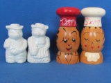 Salt & Pepper Shaker Collection – 2 Wood & 2 Ceramic Pigs(?) Dressed Like People -
