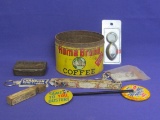 Advertising” Home Brand Coffee Tin (No lid) Keychains – Pen – Pinbacks – As shown