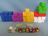 51 Marvel Zerboz Micro Racers – Assorted & Plastic cases Each Appx 1” L – 8Hulk,5 Wolverine, 5 Ironm