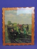 Decoupaged Picture on Wood Back – Horses getting car out of rut – 15” x 12 1/2”