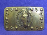 Brass Belt Buckle – Repousse Horse Head in Horseshoe – 3 1/4” x 1 7/8”