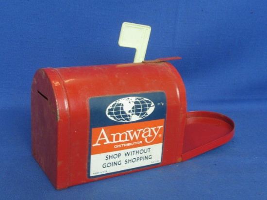 Red Metal Coin Bank -- Residential Mail Box (w/ white plastic Flag!) - Amway Advertising – Made in U