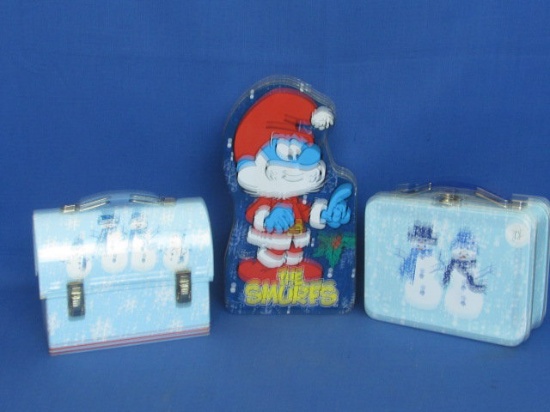 2 Miniature Metal Lunch Pails – Square & Domed – w/ Snowman Design & Papa Smurf Tin (for boxers)