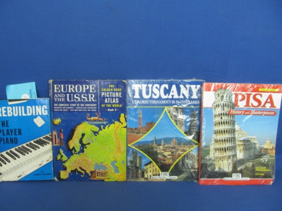 Vintage Books: “Rebuilding the Player Piano”, Europe & the USSR Picture Atlas (Golden), Tuscany, Pis