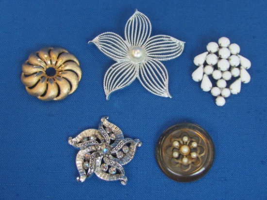 5 Vintage Pins/Brooches – 1 Trifari – 1 Sarah Coventry – 1 w White Cabochons – Largest is 2 7/8”