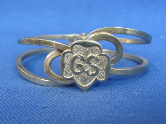Vintage Girl Scout Clamp Bracelet – Goldtone Metal w Emblem