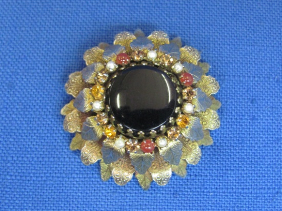 Interesting Pin/Brooch – Black Glass, Rhinestones & Goldtone Leaves – 1 3/4” in diameter