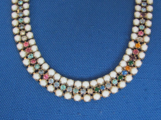 Multi Colored Rhinestone Necklace w White Cabochons – 15 1/2” long