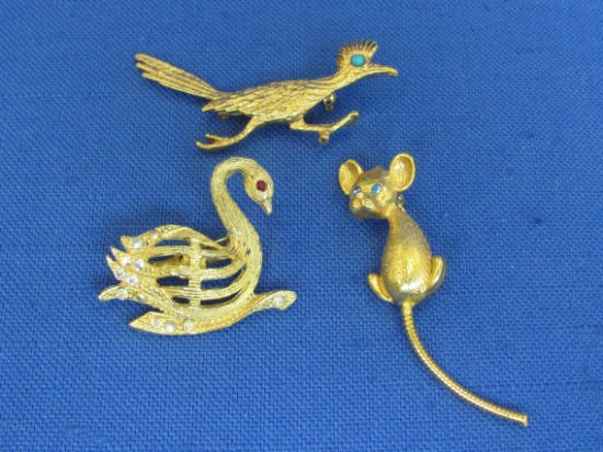 3 Goldtone Metal Animal Pins – Mouse – Swan & Roadrunner – Longest is 2 1/2”