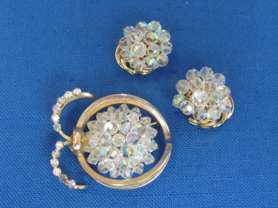 Vintage Set: Pin w Clip-on Earrings – Goldtone w Crystal Beads – Pin is 2” wide