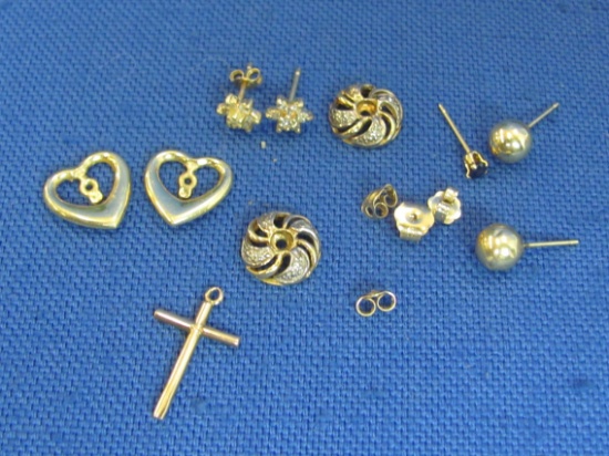 Lot of 14 Kt Gold: Earrings – 1 Cross Charm – Backs & Pieces – 4.8 grams total
