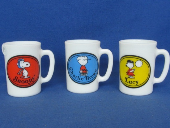 3 1969 Peanuts Mugs  - Glass – Marked Avon: Snoopy, Charlie Brown, Lucy – Each 3 1/2” Tall & 2 1/2”