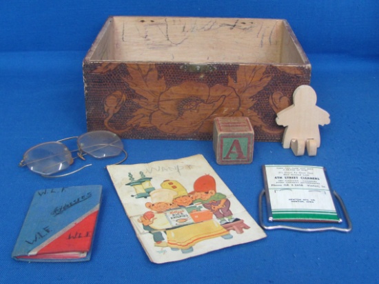 Mixed Lot: Bottom of Pyrography Box dated 1915 – Gold Filled Wire Rim Eyeglasses