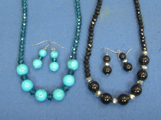 2 Necklace & Pierced Earring Sets – Glass Beads – Blue & Black – Necklaces up to 22”