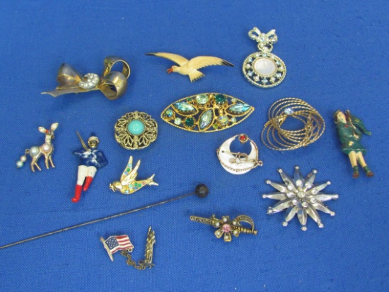 Mixed Lot of Vintage Pins/Brooches – Plastic Girl Scout – Rhinestones – Enamel Majorette