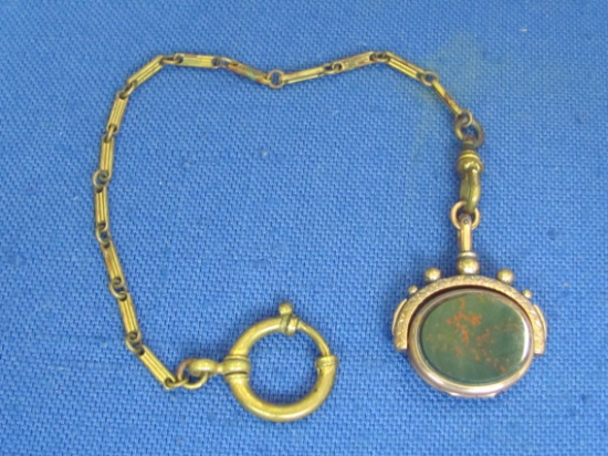 Antique Watch Fob Locket w Photos – Gold Plate – Chain is marked “Radio” & is 7 1/2” long