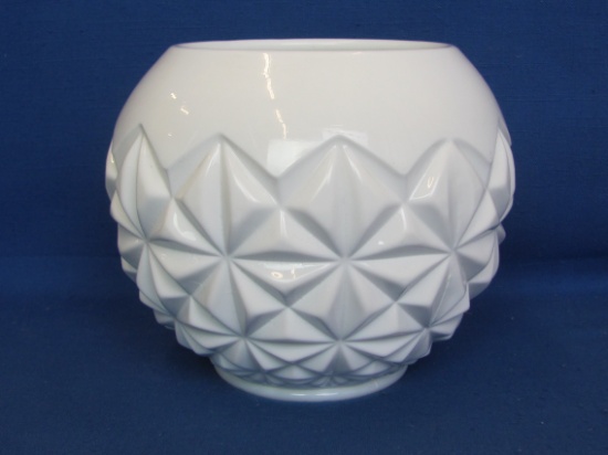 Round Milk Glass Vase/Bowl – Kind of a Diamond Pattern – Quite heavy – 6” tall – Unknown Maker