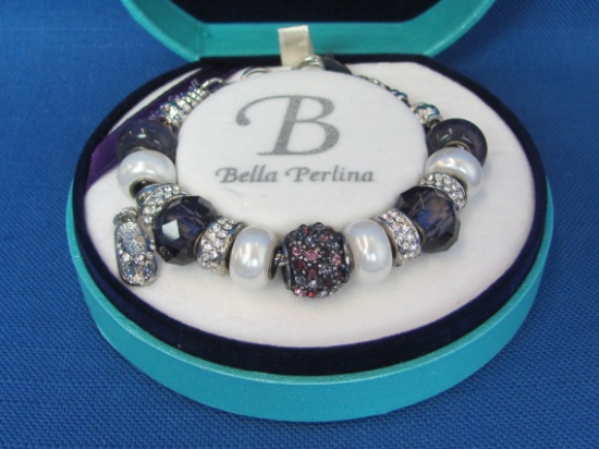 Bella Perlina Bracelet in Case – Silvertone w Faux Pearls & Rhinestones