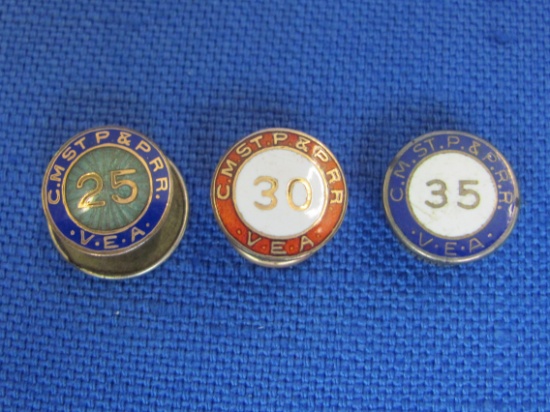 3 Chicago Milwaukee St. Paul & Pacific Railroad Service Pins – 25 & 30 Year are Gold-plate