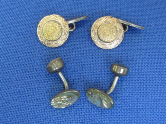 2 Pairs of Sterling Silver Cufflinks – Inlaid Abalone – Mayan Calendar – Total weight is 14.5 grams