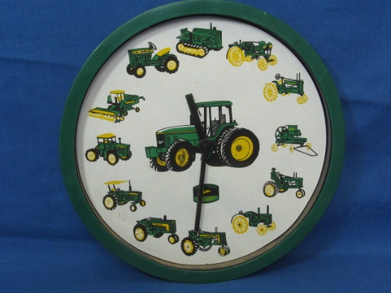 John Deere Tractor Equipment Wall Clock – Works – 9 7/8” D- Paper Front – Plastic Frame