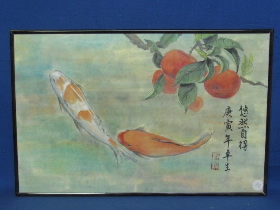 Chinese Watercolor Print of Koi & Oranges – 11 1/4” T x 17” W – Framed – Backed w/ Cork