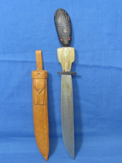 Mayan Indian Fix Blade Knife & Leather Sheath Guatemala – Horn Figural Grip & Headdress 