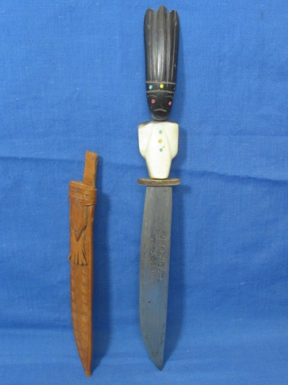 Mayan Indian Fix Blade Knife & Leather Sheath Guatemala – Horn Figural Grip & Headdress