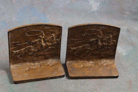 Vintage Cast Iron Bookends with Raised Cowboy Roping Cows Design on Both