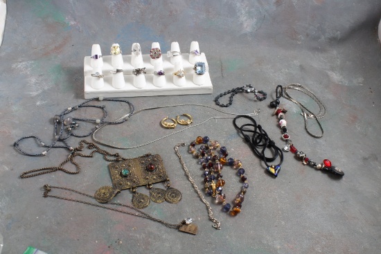 Large Lot Costume Jewelry Rhinestones, Beads, Herringbone, Necklaces, Rings,