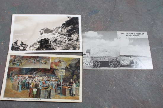 3 Vintage Postcards RPPC Mt Rushmore Memorial, Carlsbad Cavern, Dalton Gang