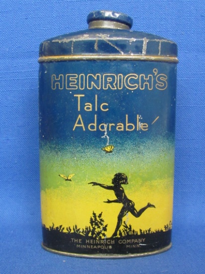 Great Vintage Tin “Heinrich's Talc Adorablé” Naked child running after butterflies – 5 1/4” tall