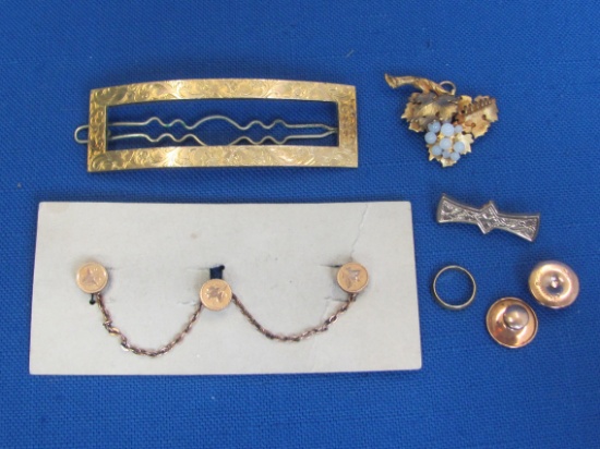 Lot of Antique Gold Plate Jewelry: Barrette – Baby Ring – Pins – Collar Buttons – Most Engraved