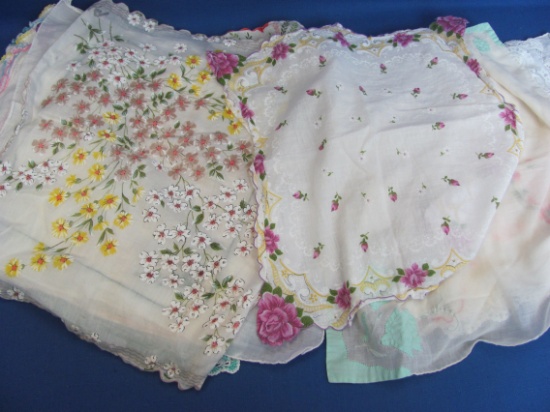 Mixed Lot of 24 Vintage Handkerchiefs – Floral Patterns – Embroidered – Crocheted Edge