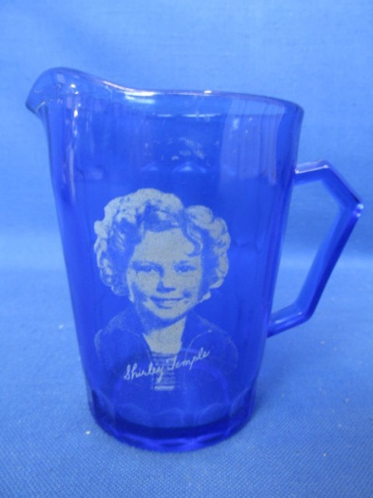 Blue Glass Pitcher – Shirley Temple (Captain January) – 4 1/2” Tall – Hexagonal designs opposite sid