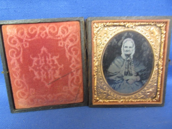 Antique cased Ambrotype of old woman in bonnet – Appx 4 1/2” x 3”  with a velvet side same dimension